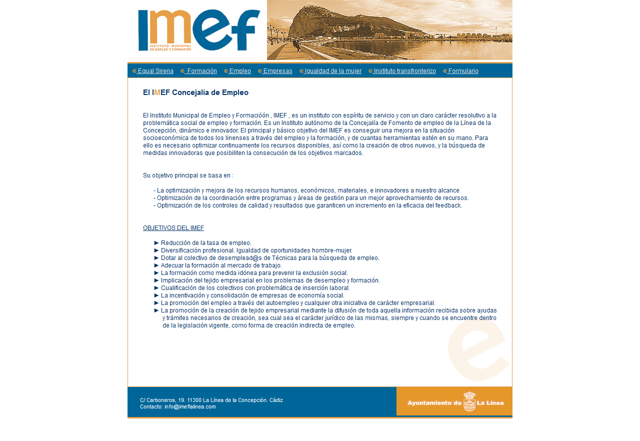 Imef - Instituto Municipal de Empleo y Formación - La Línea de la Concepción. Html, Css, Php, Mysql, Dreamweaver, Photoshop. Año 2005